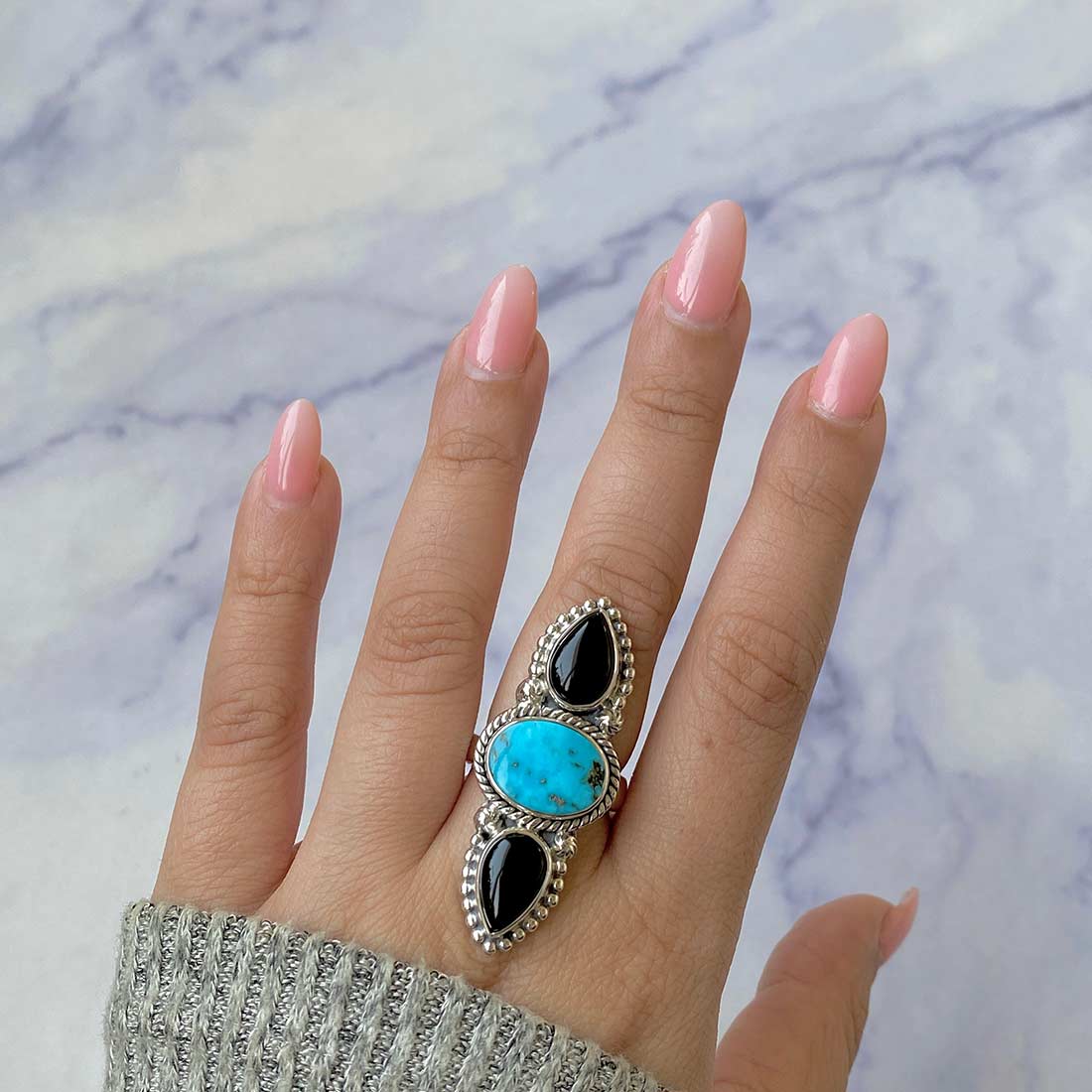 Turquoise And Black Onyx Adjustable Ring-(TRQ-CLS-1.)